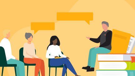 Understanding addiction workshop. Illustration of people sitting on chairs listening to a clinician talking. 