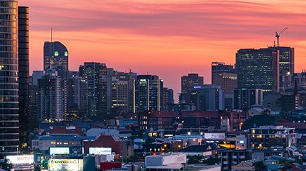 Sunset over the high-rises in Fortitude Valley, QLD Australia