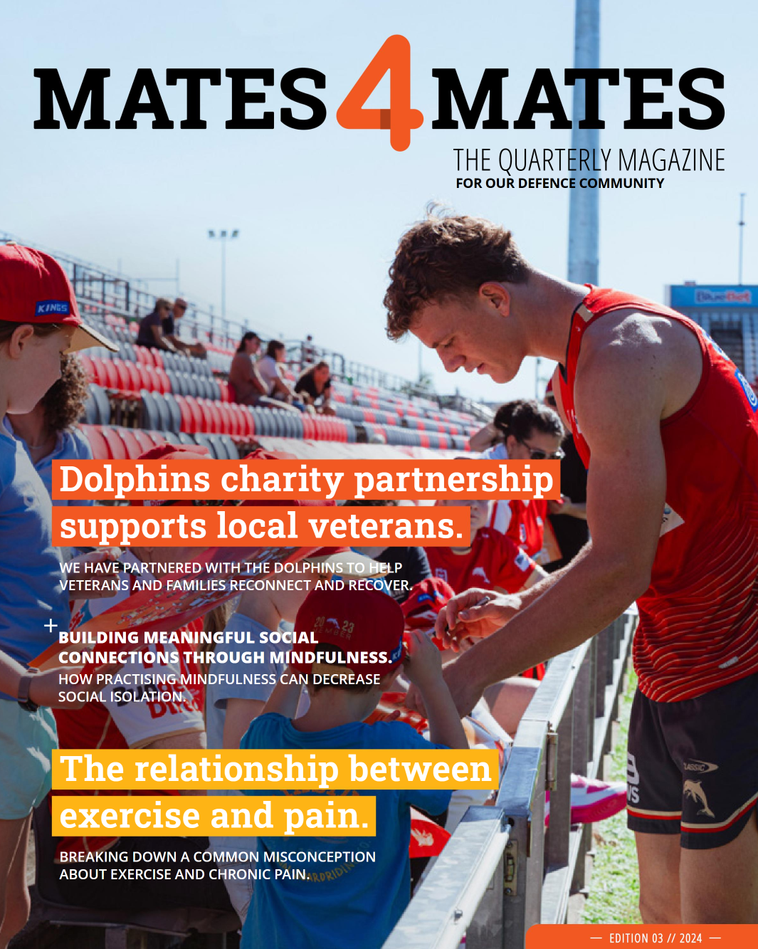 Mates4mates magazine ed3 2024. Dolphins NRL player signing merchandise for fans. 