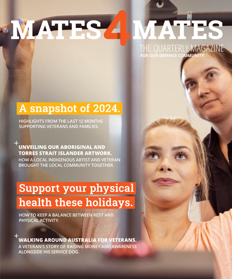 Mates4Mates magazine cover featuring an exercise physiologist and client working with exercise equipment. 